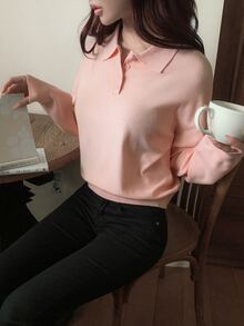 DAZY 女款純色修身 Polo 長袖休閒度假韓風秋冬套頭針織毛衣 - 粉色 - 查看 6