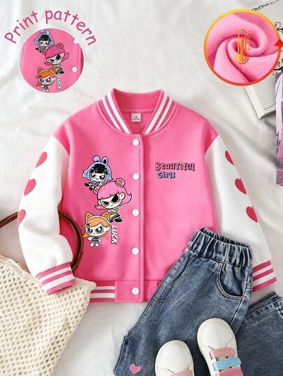 SHEIN Girls' Casual Cute Pattern & Letter Print Colorblock Baseball Jacket, Suitable For Outings, Sports, Play, School And More, Autumn/Winter