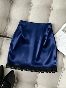 Franclia 女款百褶蕾絲不對稱設計優雅裙 - 藏蓝色 - 查看 2