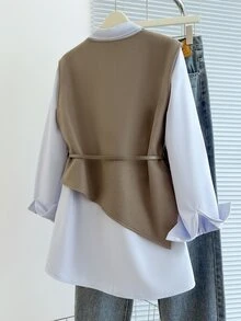 Franclia 女款 2 合 1 上衣外套套裝，淺灰色水藍條紋，夏季商務休閒，適合辦公室教師、開學季，不對稱剪裁 - 彩色 - 查看 2