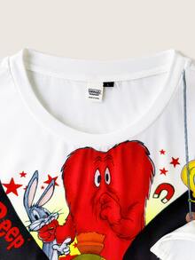 LOONEY TUNES X SHEIN Men's Letter Print Short Sleeve T-Shirt And Shorts Loungewear Set - White - View 3
