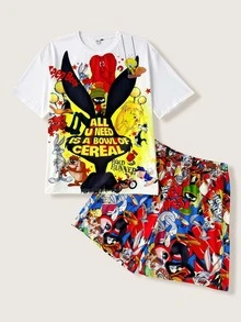 LOONEY TUNES X SHEIN Men's Letter Print Short Sleeve T-Shirt And Shorts Loungewear Set - White - View 1