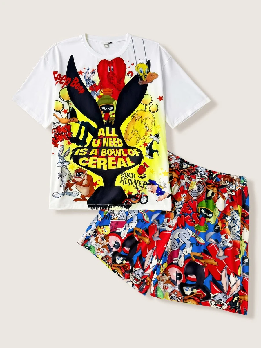 LOONEY TUNES X SHEIN Men's Letter Print Short Sleeve T-Shirt And Shorts Loungewear Set - White - View 1