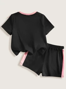 LOONEY TUNES X SHEIN Baby Girl Cartoon Print Round Neck Short Sleeve T-Shirt And Shorts Casual Outfit - Black - View 2