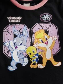 LOONEY TUNES X SHEIN Baby Girl Cartoon Print Round Neck Short Sleeve T-Shirt And Shorts Casual Outfit - Black - View 4