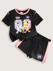 LOONEY TUNES X SHEIN Baby Girl Cartoon Print Round Neck Short Sleeve T-Shirt And Shorts Casual Outfit - Black - View 1