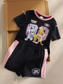 LOONEY TUNES X SHEIN Baby Girl Cartoon Print Round Neck Short Sleeve T-Shirt And Shorts Casual Outfit - Black - View 3