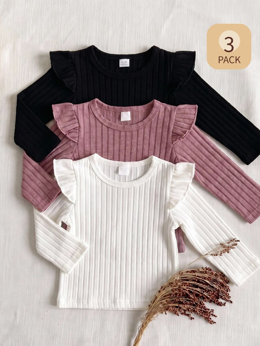 SHEIN 3pcs/Set Baby Girl Pink White Black Autumn Cute Graduation Back To School Soft Elastic Solid Color Ruffle Long Sleeve Tops Casual Wear - Multicolor - View 1
