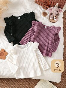 SHEIN 3件組女嬰粉色白色黑色秋季可愛畢業返校軟彈性純色荷葉邊長袖上衣休閒穿搭 - 彩色 - 查看 1