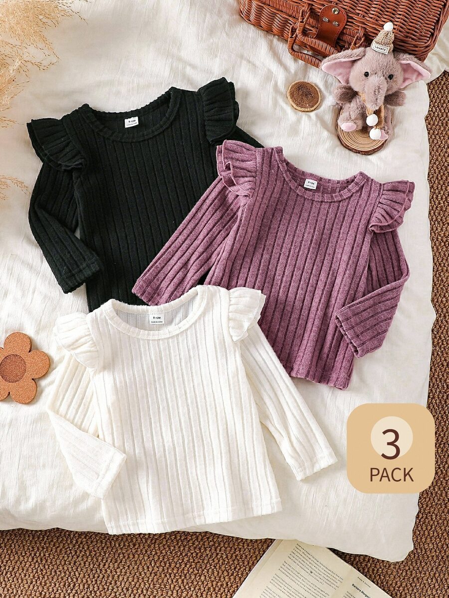 SHEIN 3件組女嬰粉色白色黑色秋季可愛畢業返校軟彈性純色荷葉邊長袖上衣休閒穿搭 - 彩色 - 查看 1
