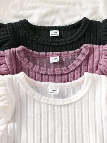 SHEIN 3件組女嬰粉色白色黑色秋季可愛畢業返校軟彈性純色荷葉邊長袖上衣休閒穿搭 - 彩色 - 查看 3
