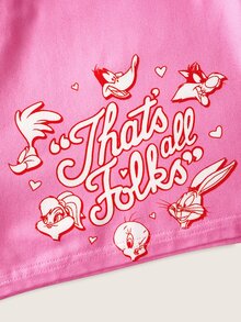 LOONEY TUNES X SHEIN 青少年女孩字母印花短袖T恤與短褲家居服 - 粉色 - 查看 7