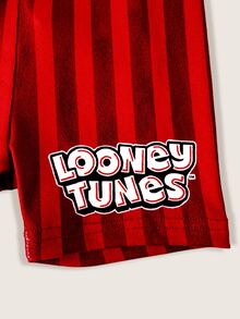 LOONEY TUNES X SHEIN 男嬰圓領卡通印花短袖上衣與短褲休閒日常居家睡衣套裝 - 紅色 - 查看 7