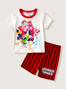 LOONEY TUNES X SHEIN 男嬰圓領卡通印花短袖上衣與短褲休閒日常居家睡衣套裝 - 紅色 - 查看 1