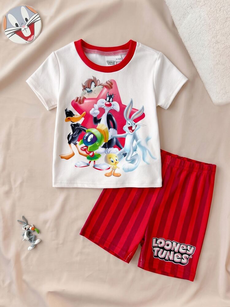 LOONEY TUNES X SHEIN Baby Boy Round Neck Cartoon Print Short Sleeve Top And Shorts Casual Daily Home Sleepwear Set - Red - View 3