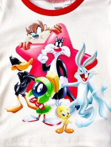LOONEY TUNES X SHEIN 男嬰圓領卡通印花短袖上衣與短褲休閒日常居家睡衣套裝 - 紅色 - 查看 4
