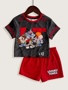 LOONEY TUNES X SHEIN Baby Girl Round Neck Short Sleeve T-Shirt And Shorts Casual Set - Black - View 1