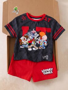 LOONEY TUNES X SHEIN Baby Girl Round Neck Short Sleeve T-Shirt And Shorts Casual Set - Black - View 3