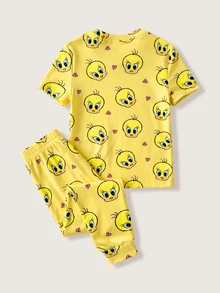 LOONEY TUNES X SHEIN Young Girl Cartoon Print Short Sleeve Top And Pants Snug Fit Loungewear - Yellow - View 2