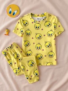 LOONEY TUNES X SHEIN Young Girl Cartoon Print Short Sleeve Top And Pants Snug Fit Loungewear - Yellow - View 3