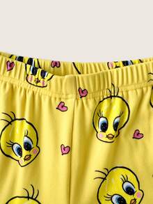 LOONEY TUNES X SHEIN Young Girl Cartoon Print Short Sleeve Top And Pants Snug Fit Loungewear - Yellow - View 5