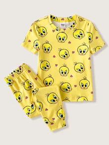 LOONEY TUNES X SHEIN Young Girl Cartoon Print Short Sleeve Top And Pants Snug Fit Loungewear - Yellow - View 1