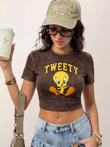 LOONEY TUNES X SHEIN 女士休闲时尚街头风日常通勤卡通字母印花短袖修身露脐T恤，夏季 - 白色 - 查看 5