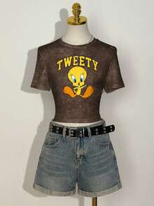 LOONEY TUNES X SHEIN 女士休闲时尚街头风日常通勤卡通字母印花短袖修身露脐T恤，夏季 - 白色 - 查看 2