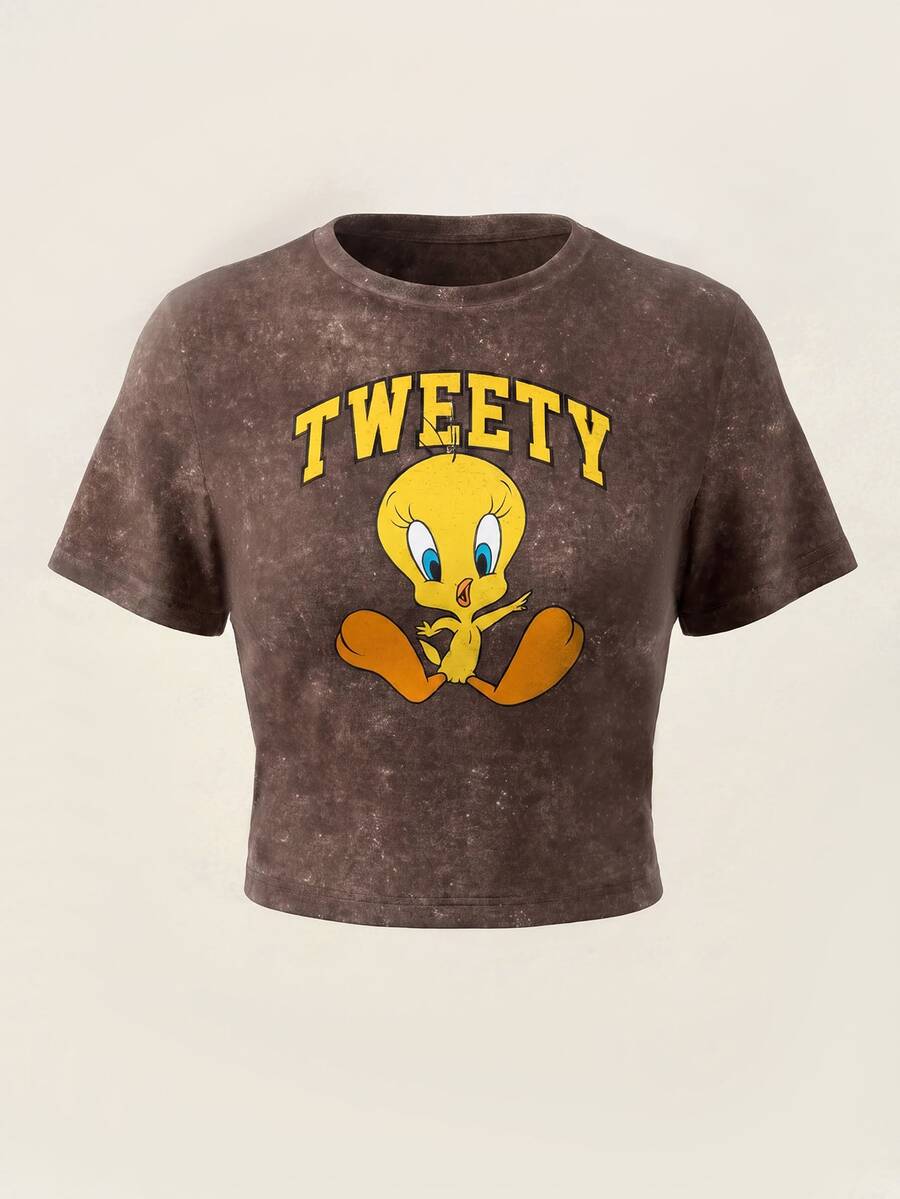 LOONEY TUNES X SHEIN 女士休闲时尚街头风日常通勤卡通字母印花短袖修身露脐T恤,夏季 - 白色 - 查看 1