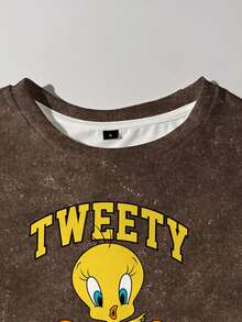 LOONEY TUNES X SHEIN 女士休闲时尚街头风日常通勤卡通字母印花短袖修身露脐T恤，夏季 - 白色 - 查看 7