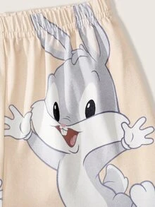 LOONEY TUNES X SHEIN 男嬰圓領卡通印花短袖上衣與短褲休閒日常居家睡衣套裝 - 杏色 - 查看 4