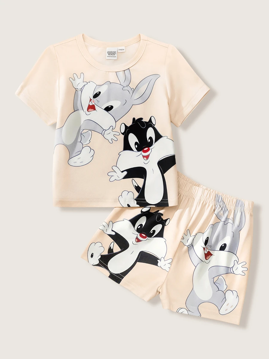 LOONEY TUNES X SHEIN 男嬰圓領卡通印花短袖上衣與短褲休閒日常居家睡衣套裝 - 杏色 - 查看 1