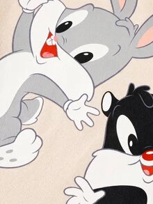 LOONEY TUNES X SHEIN 男嬰圓領卡通印花短袖上衣與短褲休閒日常居家睡衣套裝 - 杏色 - 查看 7