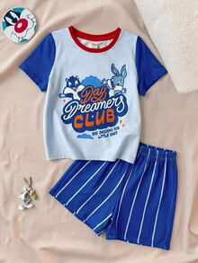 LOONEY TUNES X SHEIN Young Boy Crew Neck Short Sleeve T-Shirt And Striped Shorts Loungewear - Blue - View 3