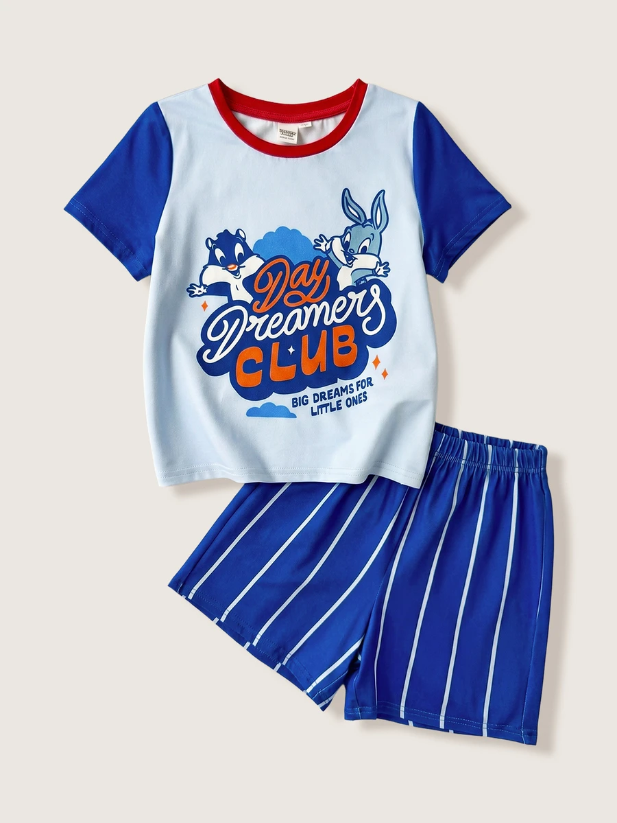 LOONEY TUNES X SHEIN Young Boy Crew Neck Short Sleeve T-Shirt And Striped Shorts Loungewear - Blue - View 1