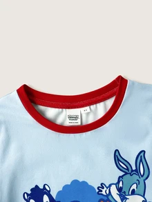 LOONEY TUNES X SHEIN Young Boy Crew Neck Short Sleeve T-Shirt And Striped Shorts Loungewear - Blue - View 4