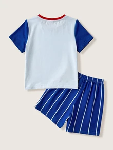 LOONEY TUNES X SHEIN Young Boy Crew Neck Short Sleeve T-Shirt And Striped Shorts Loungewear - Blue - View 2