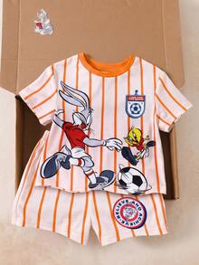 LOONEY TUNES X SHEIN 男嬰圓領條紋卡通印花短袖T恤與短褲休閒日常套裝 - 橘色 - 查看 3
