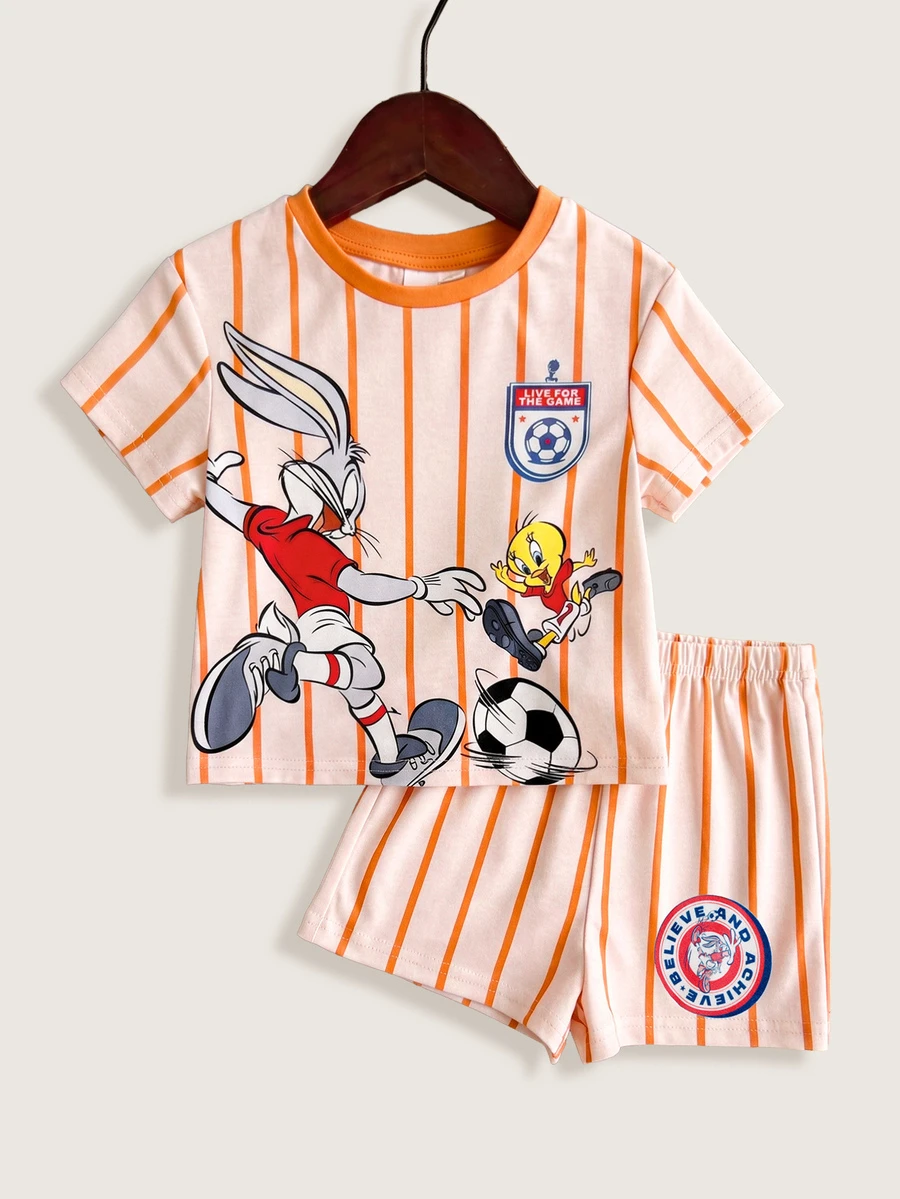LOONEY TUNES X SHEIN 男嬰圓領條紋卡通印花短袖T恤與短褲休閒日常套裝 - 橘色 - 查看 1