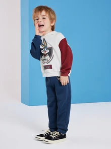 LOONEY TUNES X SHEIN Young Boy Cartoon  Bunny Print Contrast Color Hoodie With Sweatpants Sports Set - Multicolor - View 4