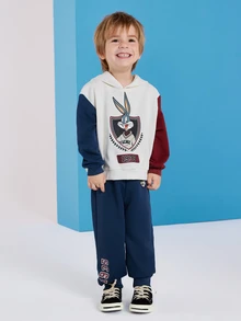 LOONEY TUNES X SHEIN Young Boy Cartoon  Bunny Print Contrast Color Hoodie With Sweatpants Sports Set - Multicolor - View 5