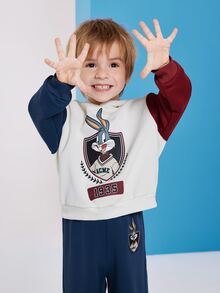 LOONEY TUNES X SHEIN Young Boy Cartoon  Bunny Print Contrast Color Hoodie With Sweatpants Sports Set - Multicolor - View 9