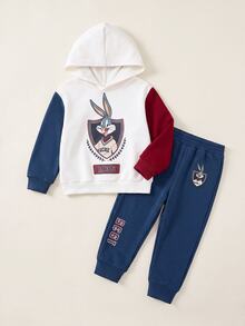 LOONEY TUNES X SHEIN Young Boy Cartoon  Bunny Print Contrast Color Hoodie With Sweatpants Sports Set - Multicolor - View 1