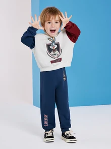 LOONEY TUNES X SHEIN Young Boy Cartoon  Bunny Print Contrast Color Hoodie With Sweatpants Sports Set - Multicolor - View 6