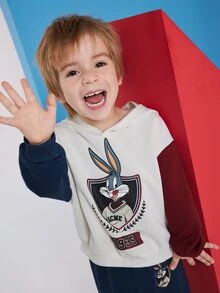 LOONEY TUNES X SHEIN Young Boy Cartoon  Bunny Print Contrast Color Hoodie With Sweatpants Sports Set - Multicolor - View 7