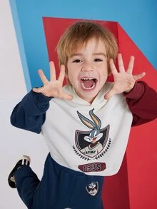 LOONEY TUNES X SHEIN Young Boy Cartoon  Bunny Print Contrast Color Hoodie With Sweatpants Sports Set - Multicolor - View 2