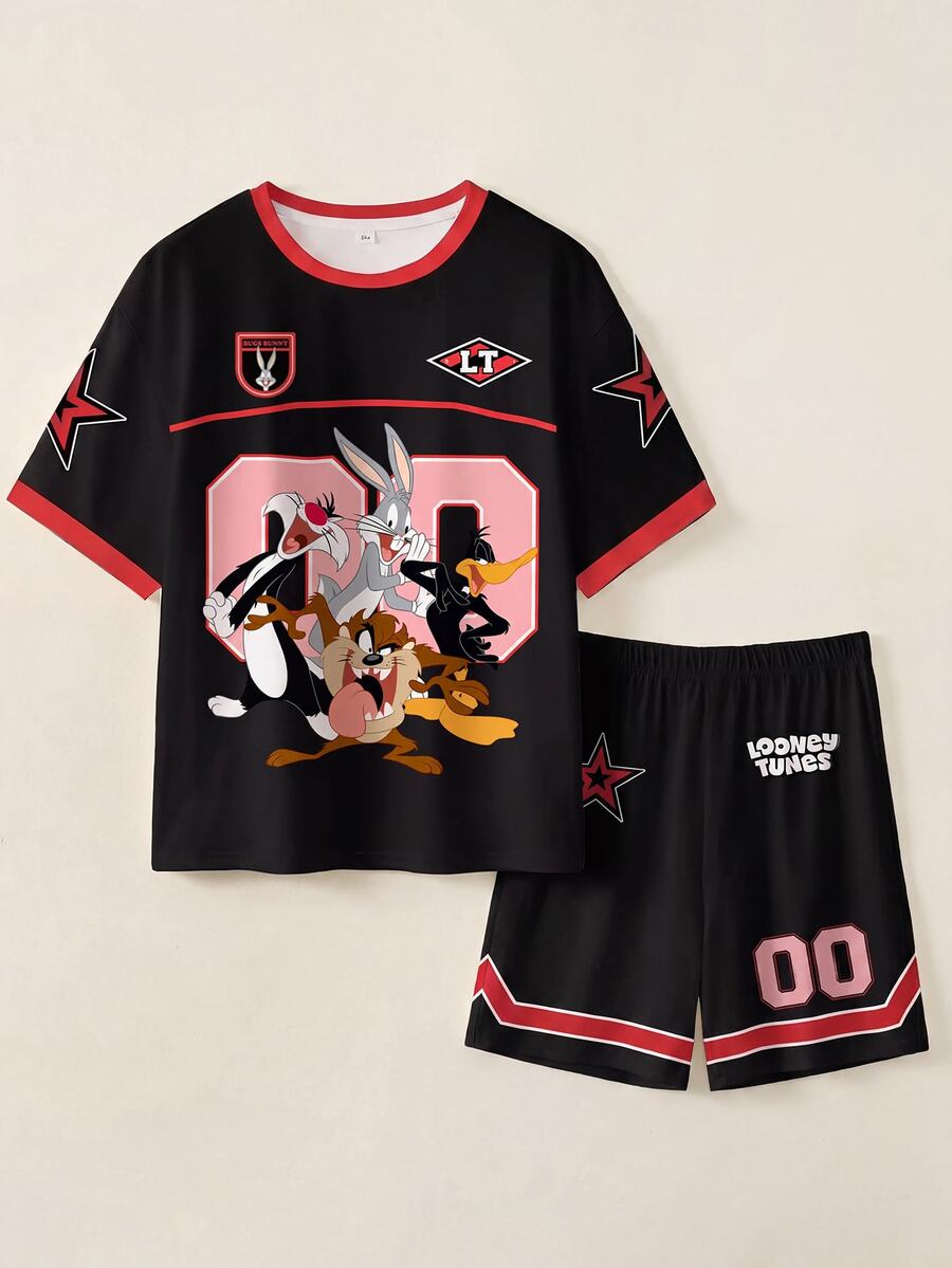 LOONEY TUNES X SHEIN 青少年男童圆领短袖休闲T恤和短裤套装 - 白色 - 查看 1