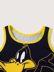 LOONEY TUNES X SHEIN 小男孩夏季無袖背心與四角內褲套裝，達菲鴨印花男孩款 - 黑色 - 查看 4