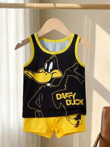 LOONEY TUNES X SHEIN 小男孩夏季無袖背心與四角內褲套裝，達菲鴨印花男孩款 - 黑色 - 查看 3