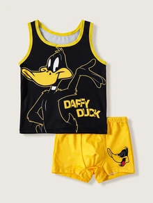 LOONEY TUNES X SHEIN 小男孩夏季無袖背心與四角內褲套裝，達菲鴨印花男孩款 - 黑色 - 查看 1